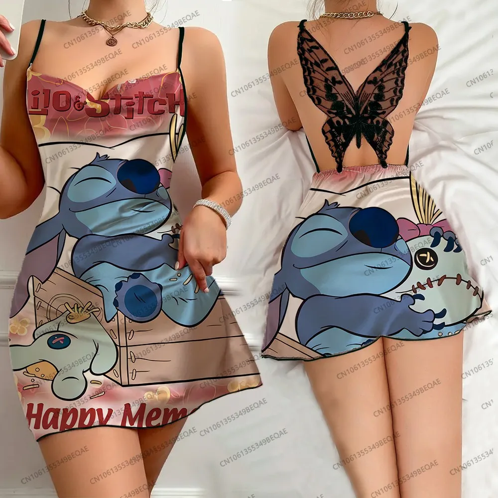 Fashion Sexy Backless Dress Disney Cartoon Print Short Sleeveless Summer Nightdress Women's Strappy Butterfly Lace Skirt