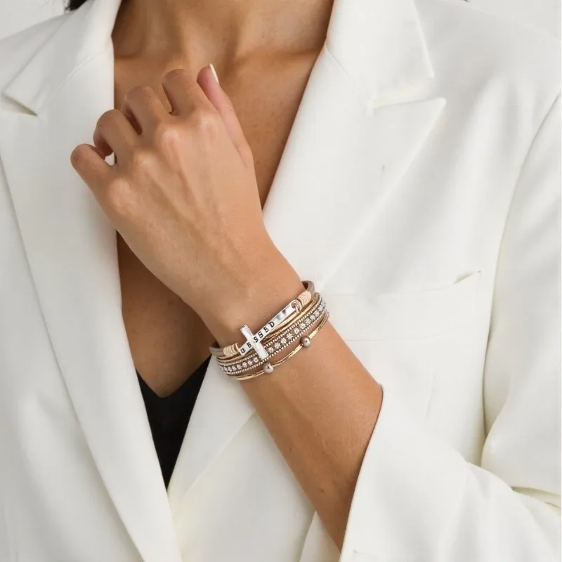 سوار بوهيمي من جلد البولي يوريثان للنساء والرجال قابل للتعديل فكرة هدية مجوهرات الإيمان الديني المسيحي