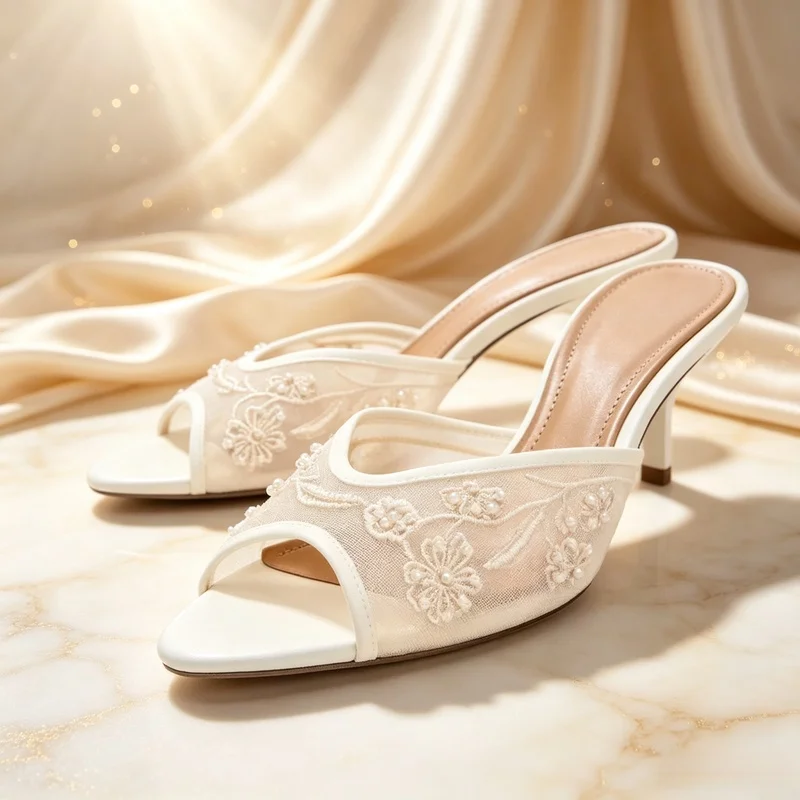 Women Open‑Toe Mule High‑Heel Sandals, Ivory Mesh With Floral Embroidery and Pearl Ornaments, Elegant Fairy Wedding Bridal Style