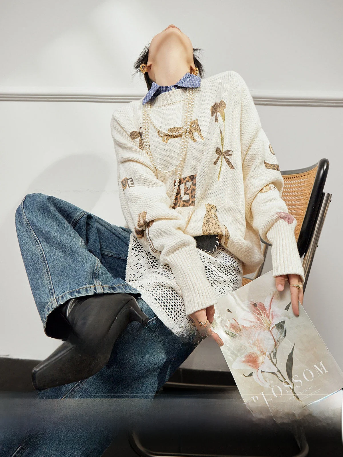 

Loose Women's White Sweater Lazy Feel Retro Print Casual Sle Knitted Long Sve round Ne Plant Floral Patterned ...