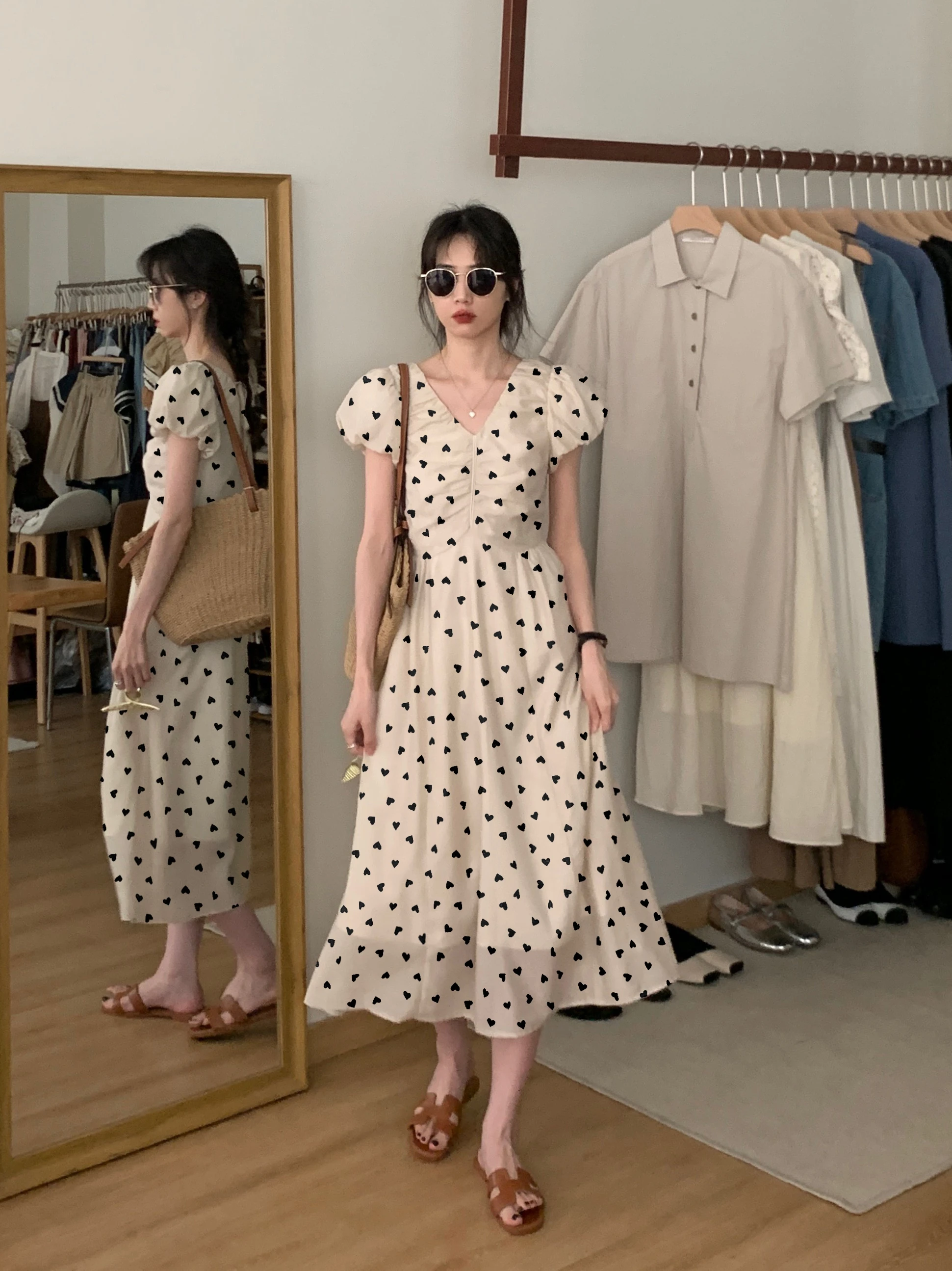 

BRIVIN Summer 2023 Women's A-Line Dr V-Ne Long Dr Polka Dot Floral Print Slimming High Waist Casual Sle Bubble Sve