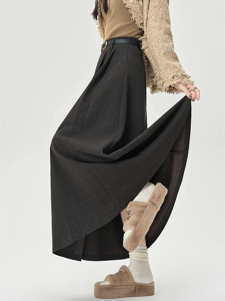 

Модная юбка-миди из искусственной шерсти, женская осенне-зимняя юбка с высокой талией и поясом, повседневная плиссированная юбка Y2K, элегантная офисная женская смешанная юбка