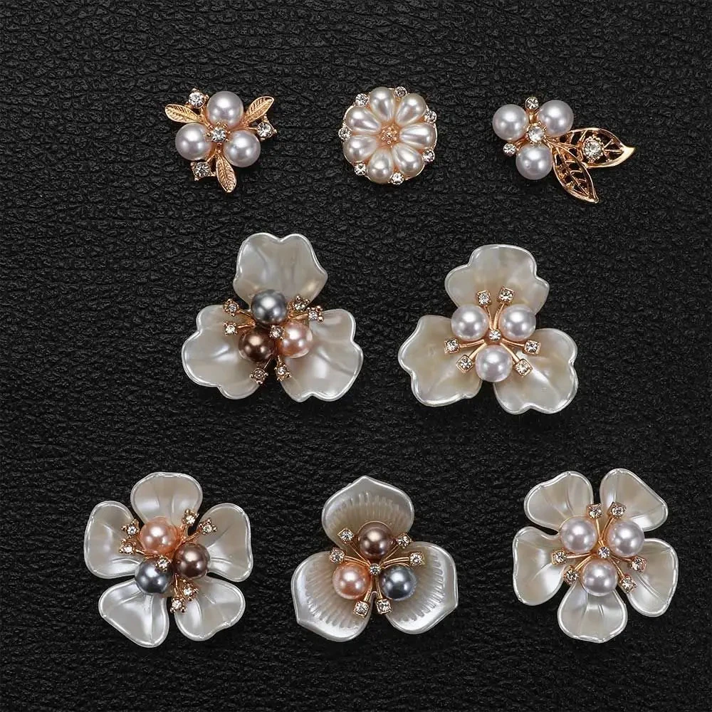 10PCS Pearl Flower Rhinestone Buttons Sparkling Crystal Hairpins Decoration Clothes Sewing Accessories