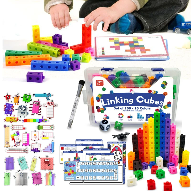 Linking Cubes Math Building Blocks Toy Activity Cards 100pcs DIY Numbers Counting Set Counters Models Educational Bricks Gifts