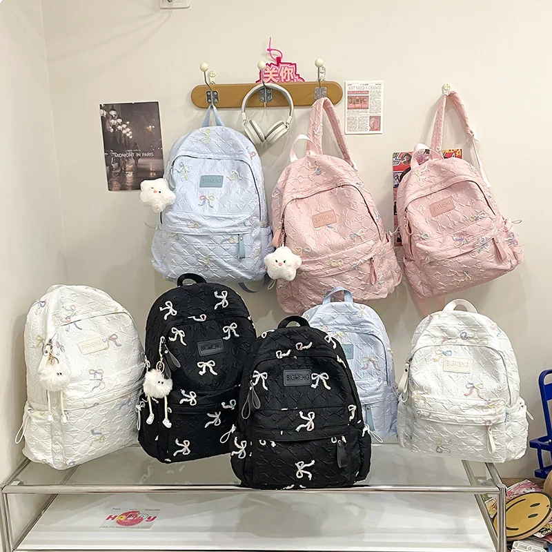 Colorful Bow Full Print Ruched Fabric Backpack Four Colors Available Large Capacity Girls Junior High High School School Bag