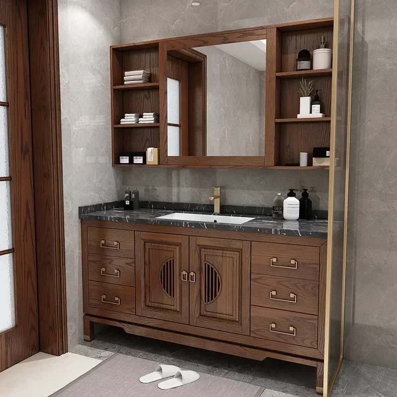 Mueble de baño de roble Vintage, mueble de madera maciza con lavabo de cerámica, lavabo de baño, encimera de pizarra, muebles de baño