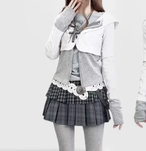 Subcultuur herfst winter wollen geruite grijze splitsen taartrok gepersonaliseerde meisjes A-lijn hoge taille veelzijdige universiteitsrokken