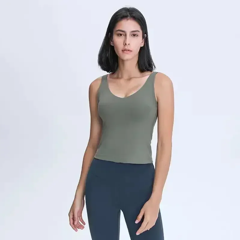 

Lemon Solid Color U-Shaped Back Stretchy Workout Gym Yoga Bras Women Long Length Tank Sexy Sports Sleeveless Shirt Athletic Tops