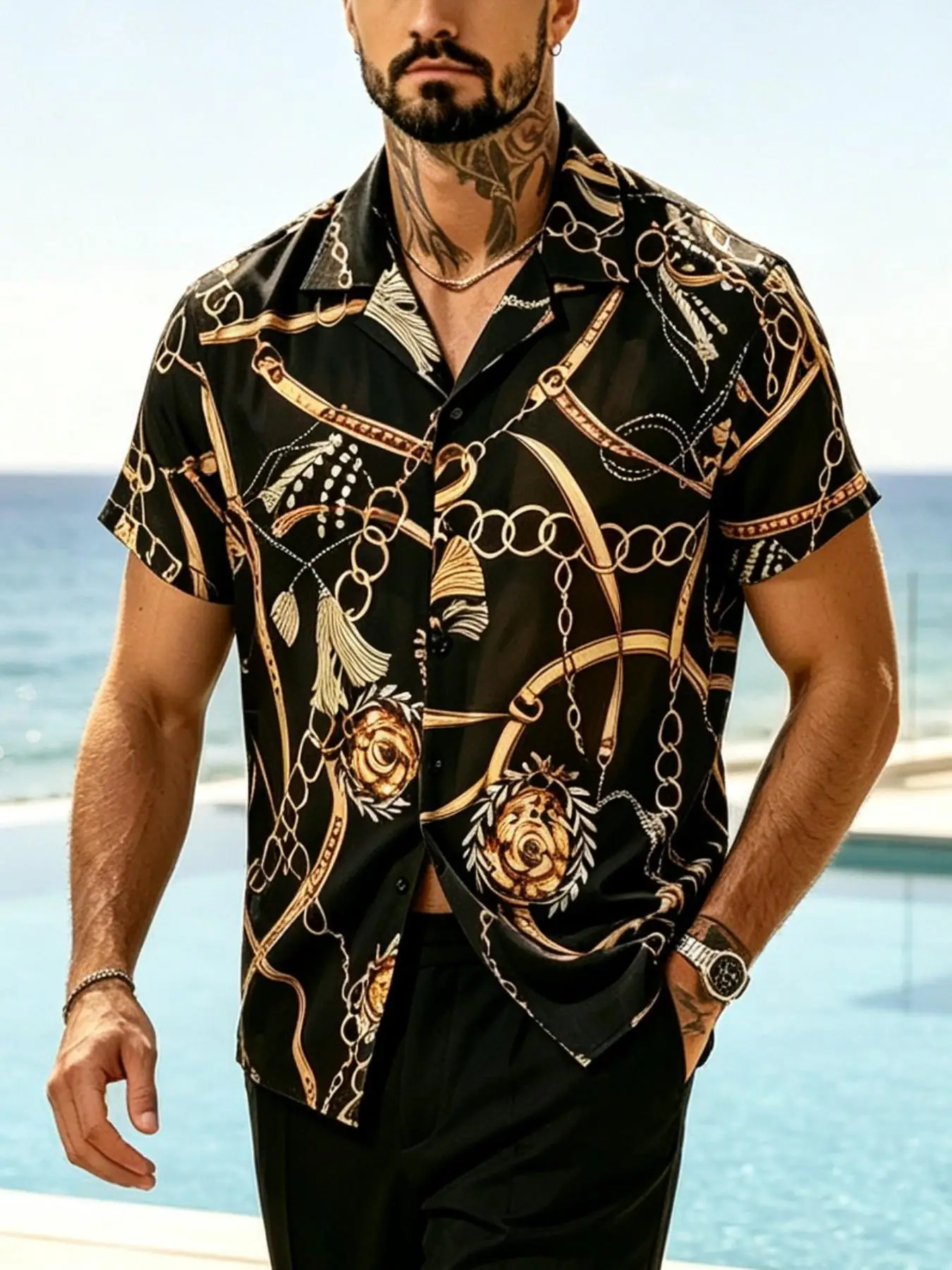 Men's Chain Print Short Sleeve Shirt Lapel Button Down Casual Summer Beach Shirt Vintage Baroque Pattern Loose Fit Holiday Tops