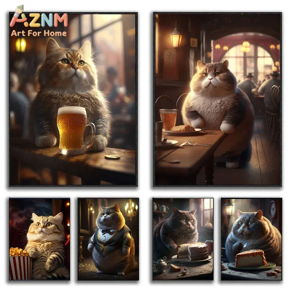 AZNM Funny Fat Cat Canvas Wall Art Print Cute Cat In Bar With Beer Cake Popcorn Vintage Tavern Animal Poster Unframed Canvas Pai
