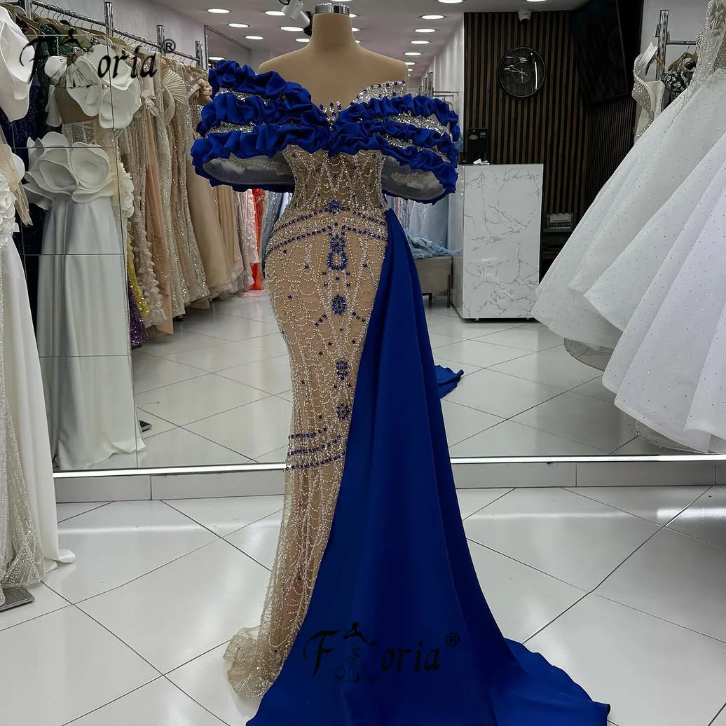 Elegant Blue Prom Dress 2025 Beads Crystal Ruffled Shoulder Formal Evening Gown Customized robes longues soirées élégante 2025