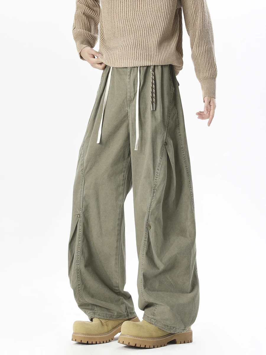 

Мужские зимние брюки в стиле ретро, американские рабочие брюки, модные, в уличном стиле, с волнистыми заклепками, повседневные, свободные, широкие штанины, хлопок/полиэстер