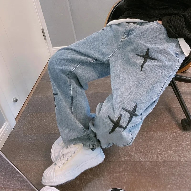 Wide leg cargo pants 2024 streetwear baggy men jeans spring autumn men Korean fashion loose straight male brand clothing Black