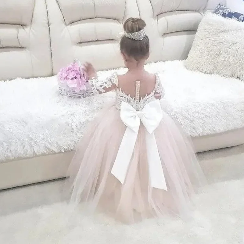 Champagne Lace Flower Girl Dress Detachable Trailing Children Kids Baby Girl for Wedding Birthday Party First Communion Dress