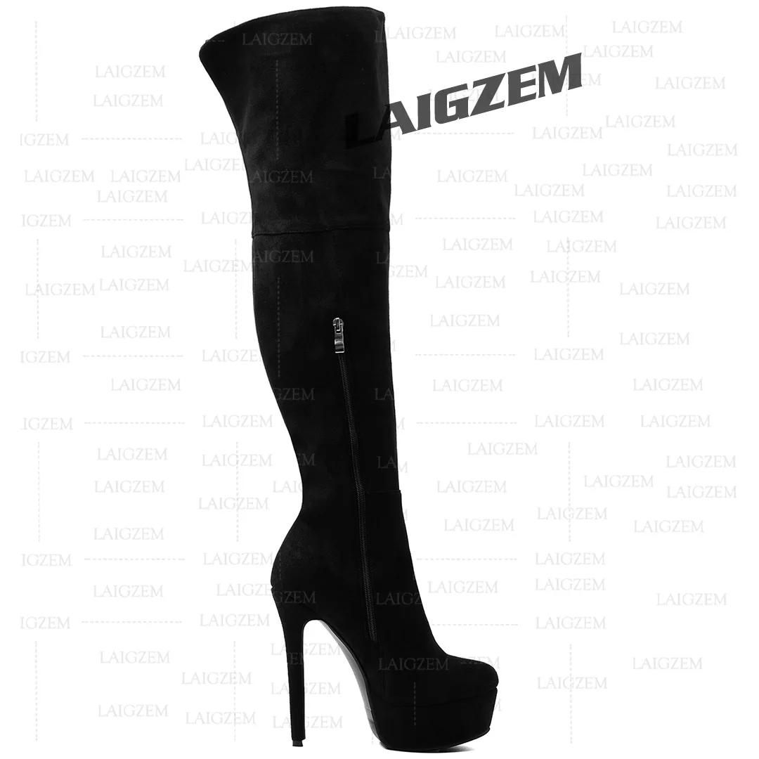 LAIGZEM Damen Overknee-Stiefel, Plateau, Kunstwildleder, seitlicher Reißverschluss, dünne High Heels, handgefertigte Schuhe, große Größen 39 45 50 52