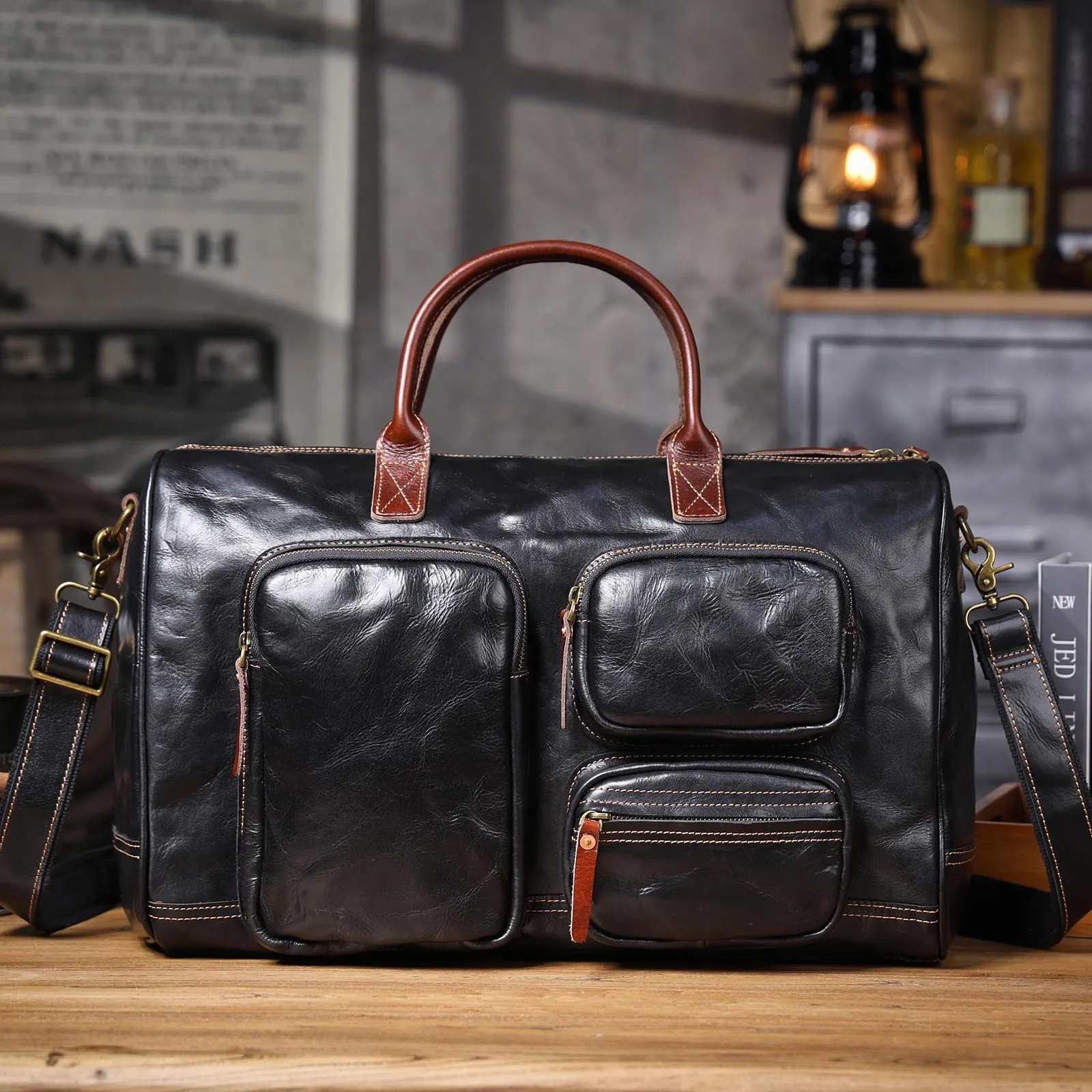 S.WORKER Vintage Echtleder-Reisetasche Italienische Rindsleder-Reisetasche Herren-Weekender-Tasche Sporttasche Handgepäck – Detail 7