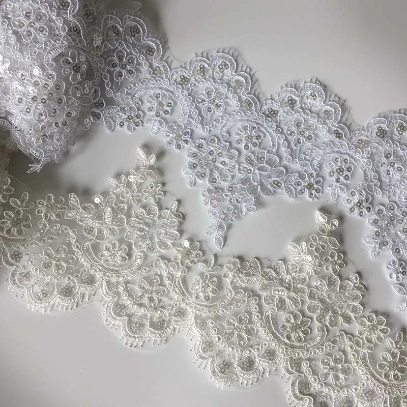 9Yards White Ivory Sequins Cording Fabric Flower Venise Venice Mesh Lace Trim Applique Sewing Craft for Wedding Accessories