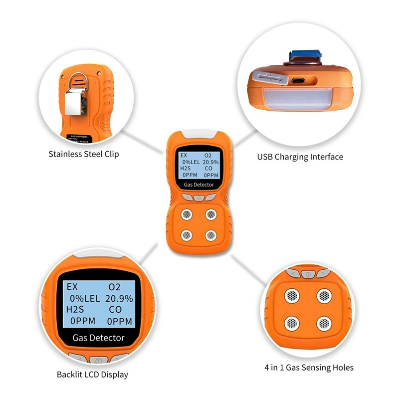 PLT840 4 In 1 Gas Detector CO H2S O2 Monitor Analyzer Leak Portable Gas Leak Detector