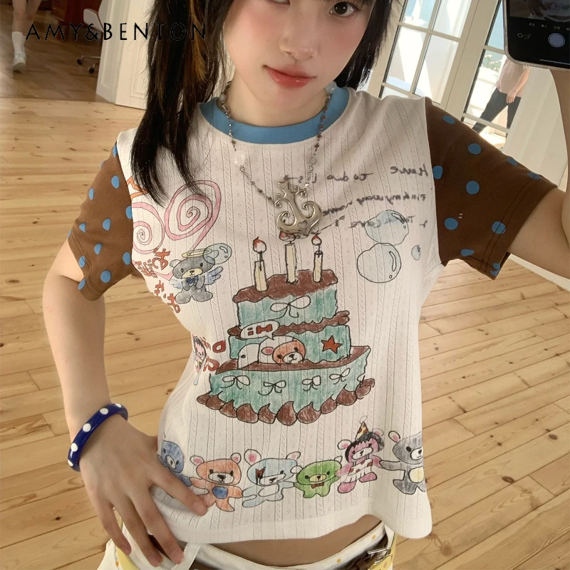 

2025 Birthday Cake Print Blue Brown Contrasting Color Splicing Animal Women's Top Polka Dot Sweet Age Reduction T-shirts Ladies