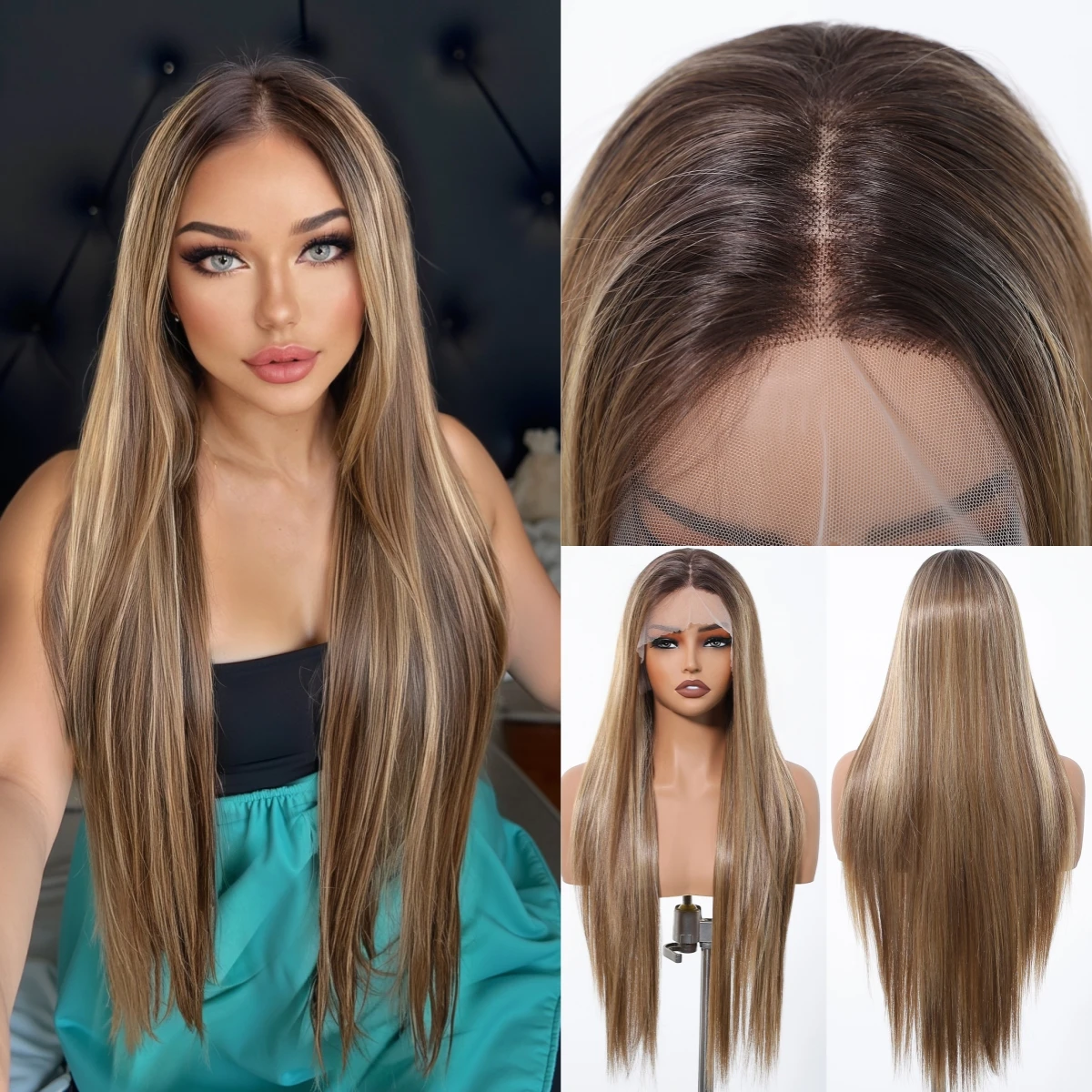 Blonde Highlight Wig Long Straight 13*6 Lace Front Ombre Brown Roots Natural Hairline Synthetic Hair for Women Daily Cosplay Wig