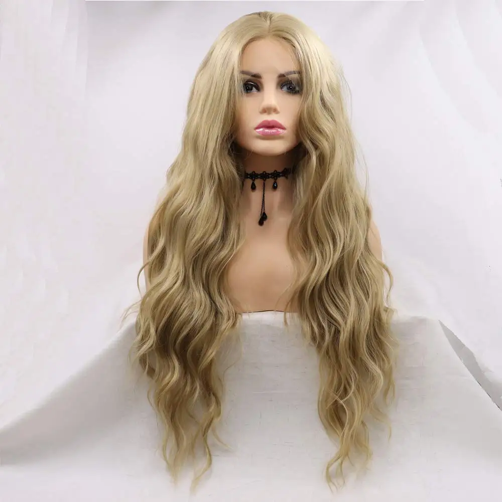 

Sylvia Long Curly Synthetic Brown Blonde Lace Front Wig Middle Part Two Tone Heat Resistant Fiber Hair Natural Hairline