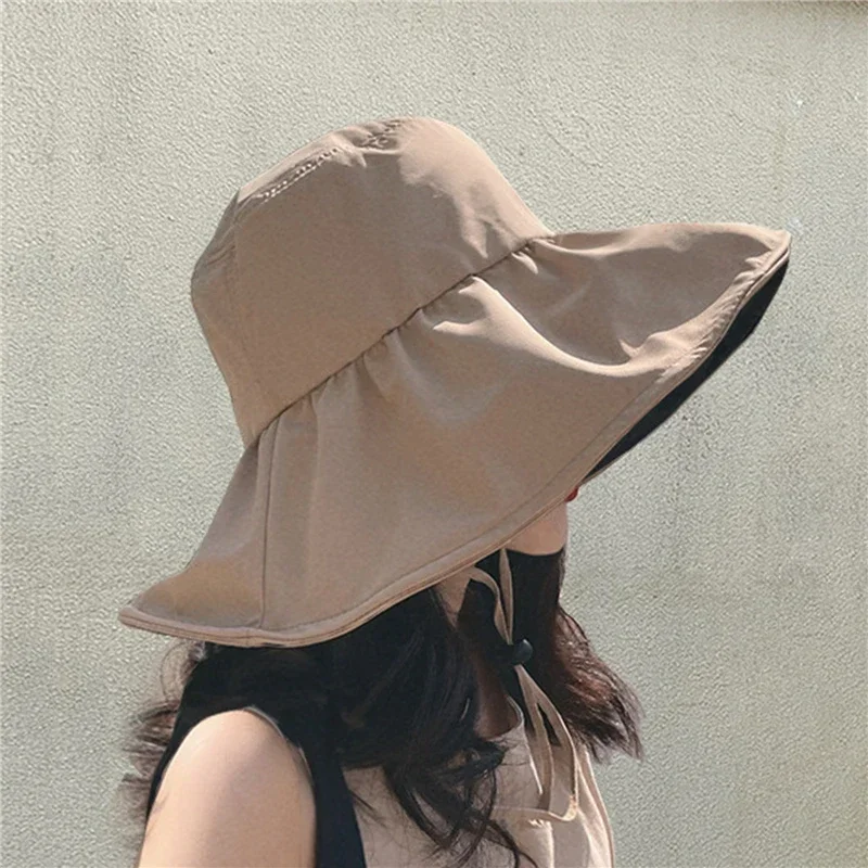 Spring Autumn Sun Protection Hats For Women Ladies Korean Big Brim Fisherman Hat Summer Black Gum Sunshade Hat