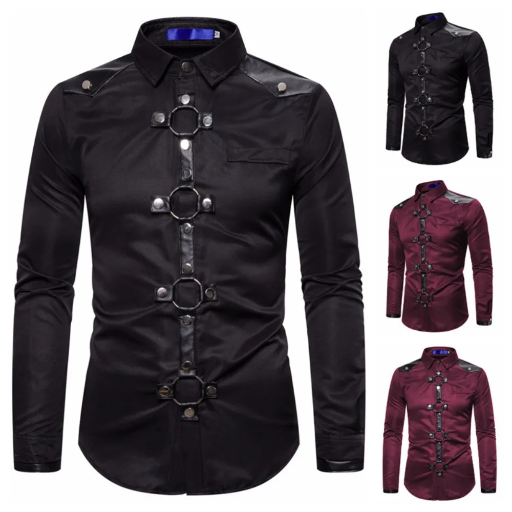 

Gothic Punk Button-Up Shirt - Long Sleeve Casual Top with Studded Accents,Distressed Vintage Blouse with Metal Rivets