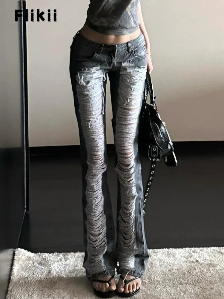 Coquette Street Y2K جينز ضيق عالي الخصر 2025 صيفي نسائي عتيق غمد بنطلون Hotsweet ممزق الجرونج دينم بنطلون