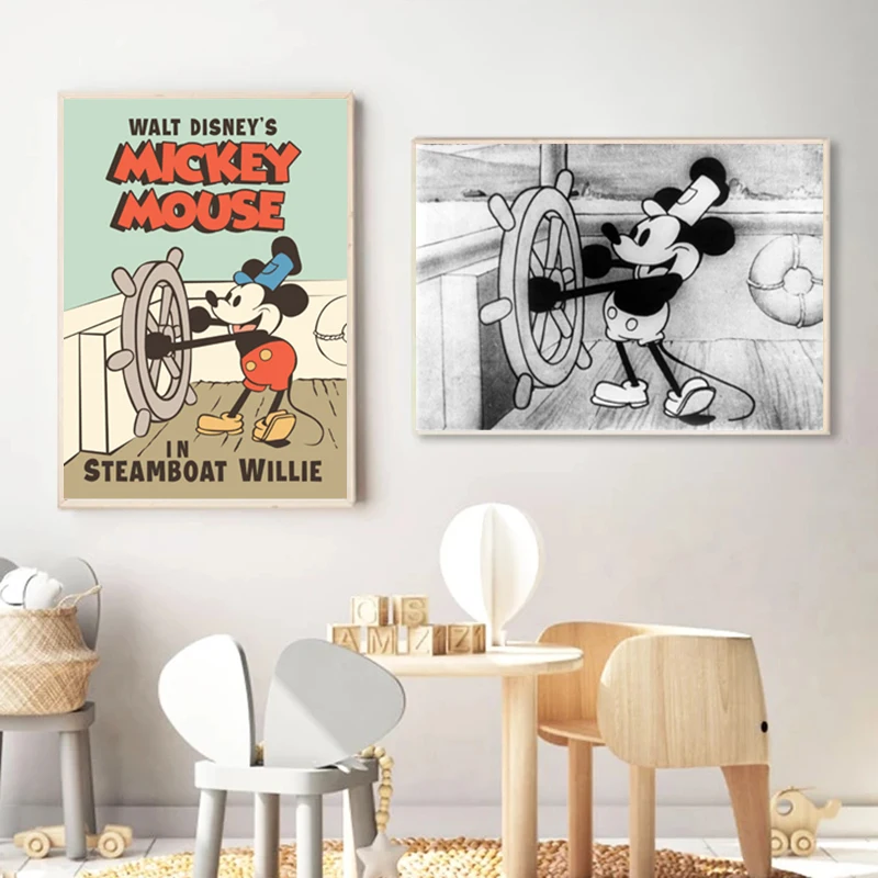 Mickey Mouse Poster Steamboat Willie Mickey Classic Movie Art Prints Cartoon Character Canvas Painting Nursery Kids Room Decor