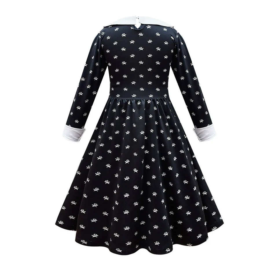 Girl Wednesday Addams Dress Children Peter Pan Collar Cosplay Costume Kids Long Sleeve Fantasy Spring Autumn Flared Skater Dress