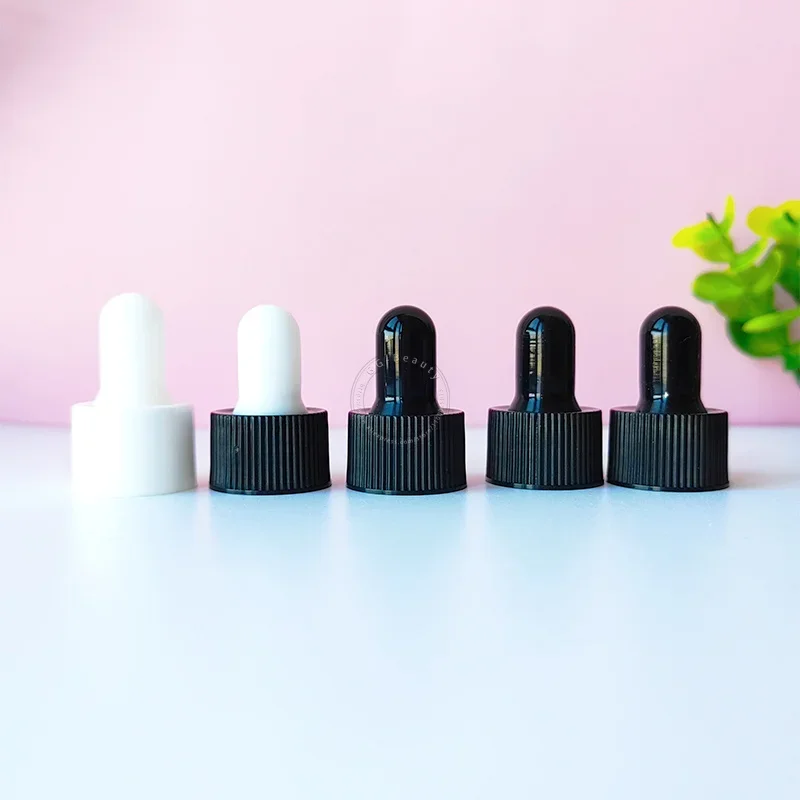 kwaliteit haar etherische olie fles pipet deksel met zwart/wit rubberen kop voor verschillende nekgrootte glazen fles druppeldoppen