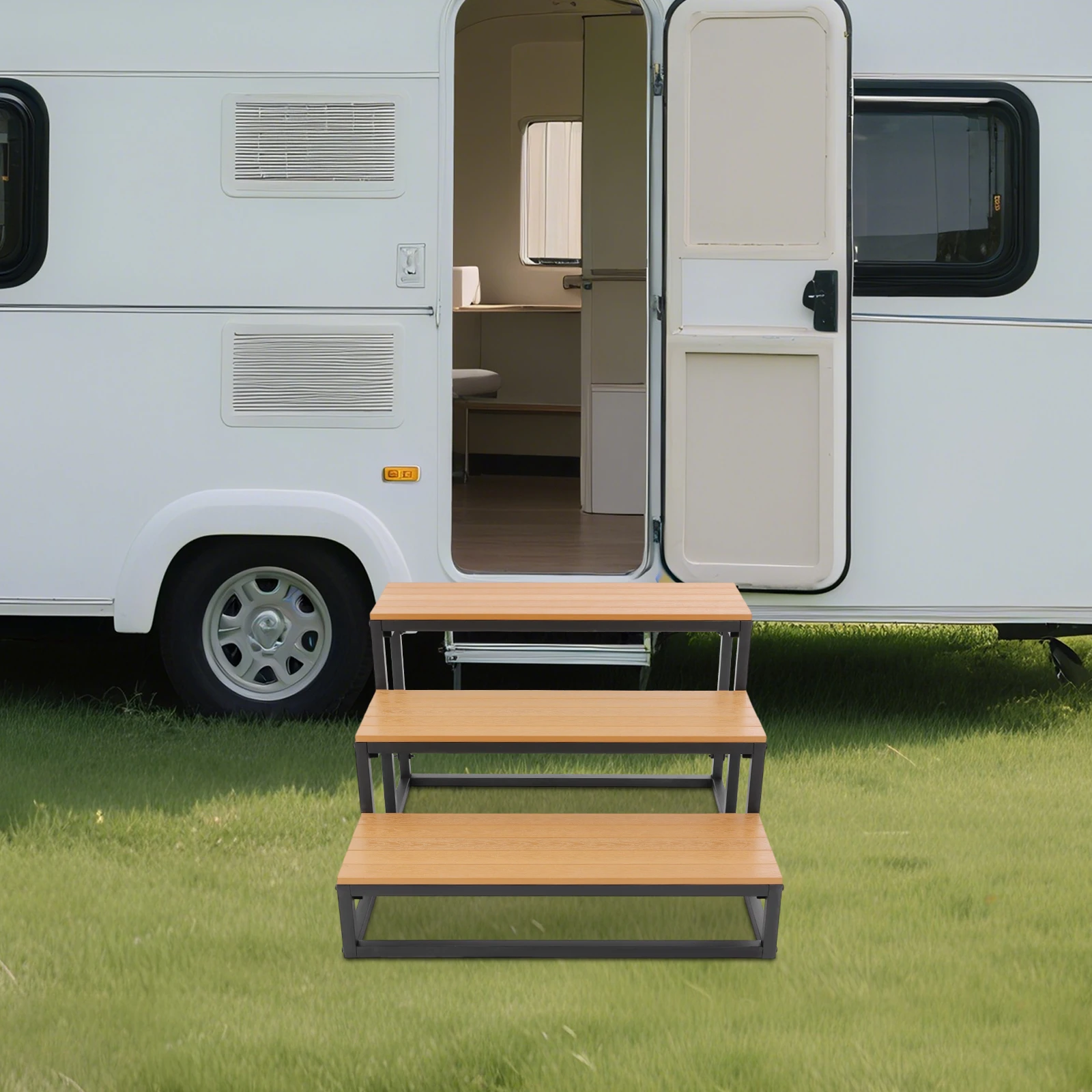 

RV Steps with 2 Handrails, 3 Step RV Stairs, Mobile Home Stairs for Travel Trailers,Heavy Duty Hot Tub Steps for Porch