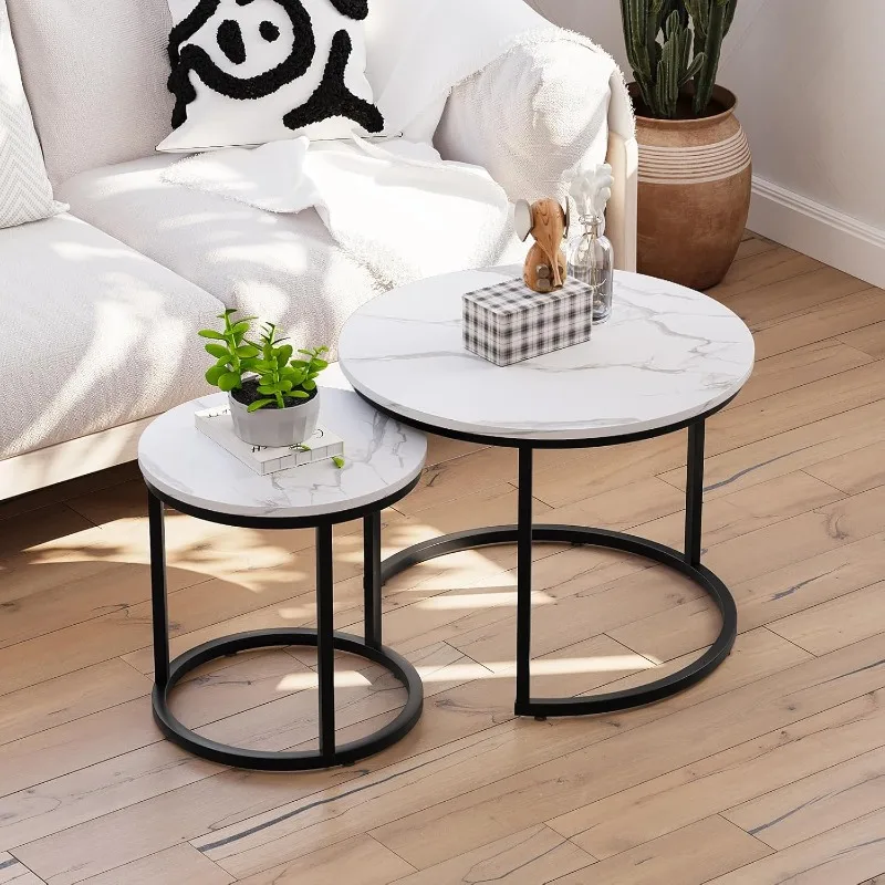 White Nesting Coffee Table Set of 2,  Non-Slip Feet, Industrial End Table Side Tables for Living Room Bedroom Balcony Yard