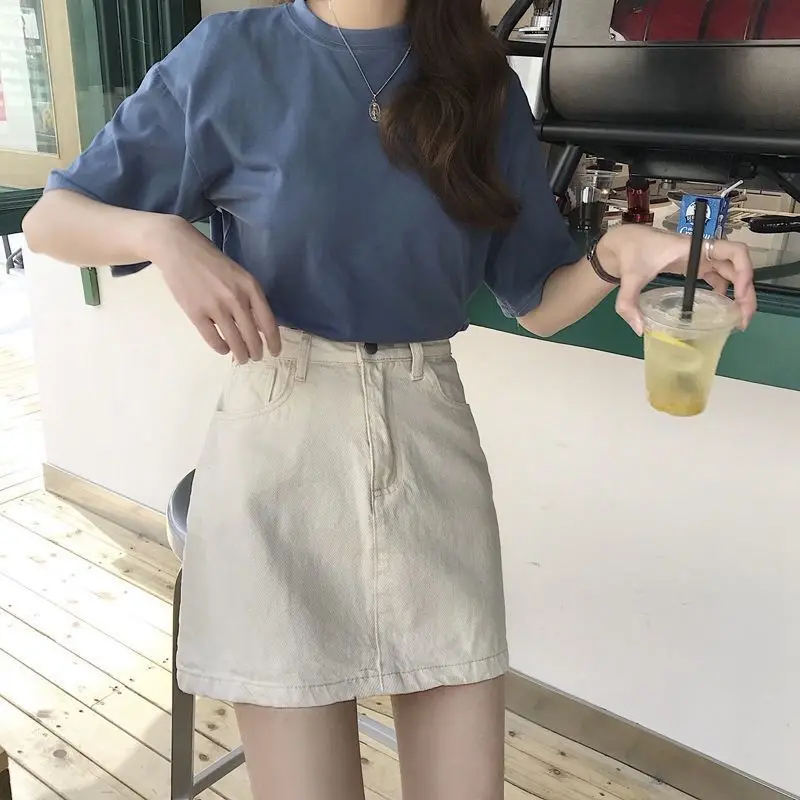 Basic Solid Color High Waist Denim A-Line Skirt, Button Fly Pocket Short Mini Jean Skirt for Women view 3