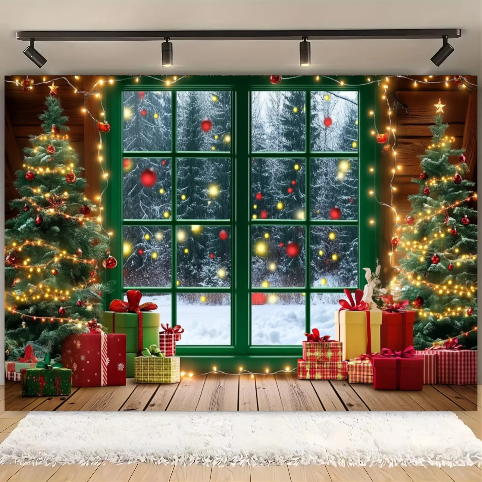 Christmas Winter Photography Background Snow Window Forest Christmas Tree Decoration Background Photo Studio