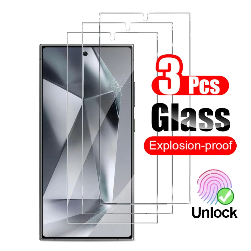 3Pcs Tempered Glass For Samsung Galaxy S24 Ultra S24 Plus S24+ 5G Screen Protector Fingerprint Unlock Protective Film Full Clear