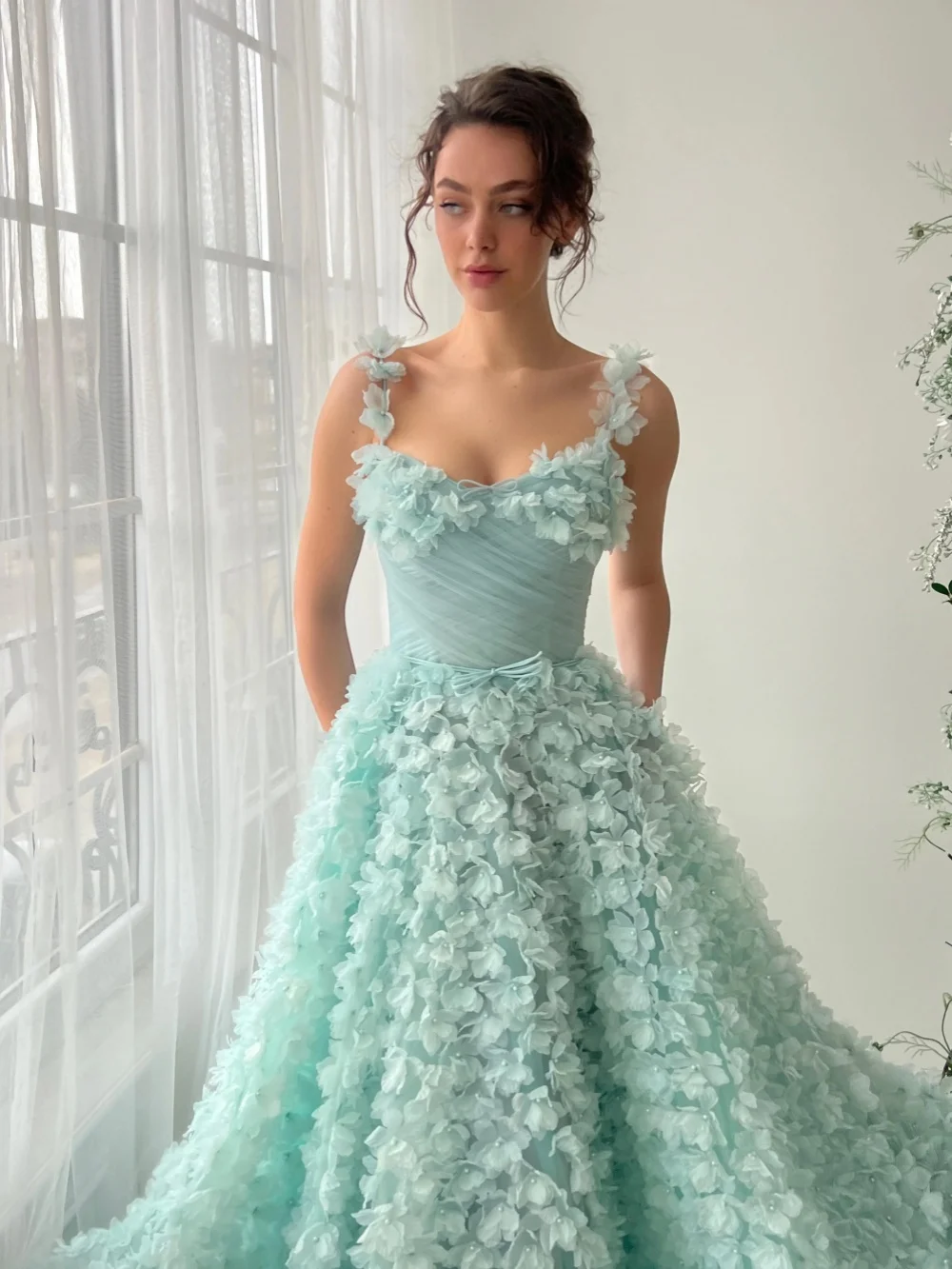 Novo bordado 3d floral vestido de noite cativante alças finas vestido de festa de casamento personalizado elegante a linha vestidos para mulher