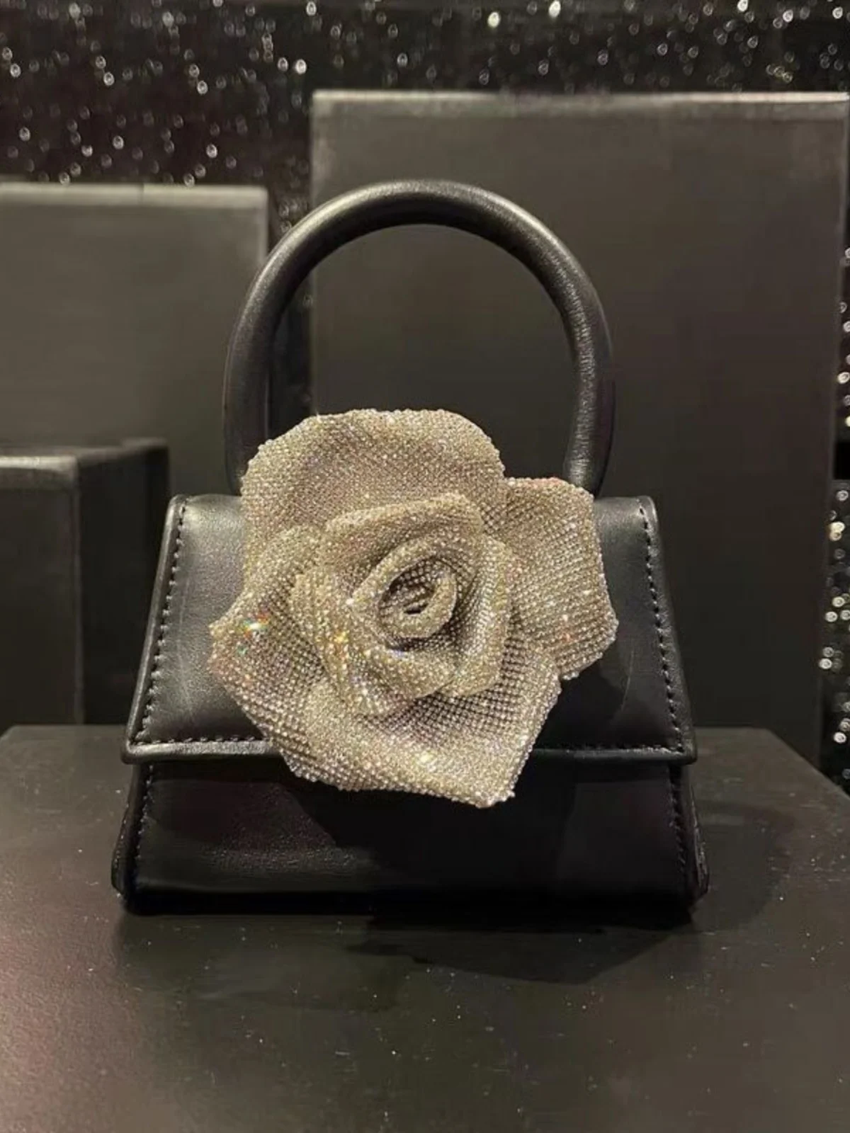 Shiny Diamond Embedded Rose Pattern  Square Handbag Elegant Chic Shoulder Crossbody Bag for Women Fashionable Trendy