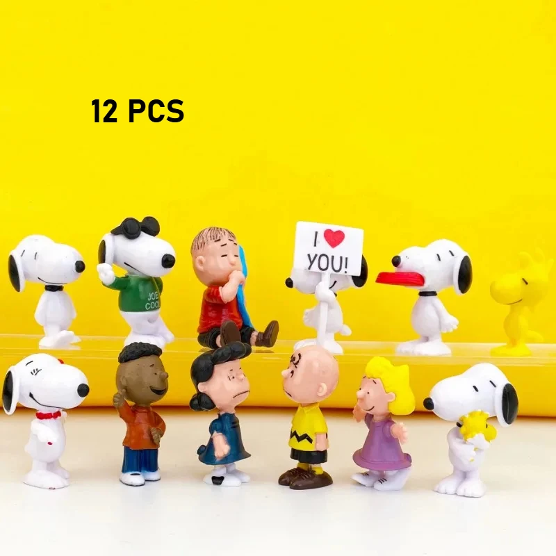 12pcs/set PVC Snoopy PVC Figure Toy Charlie Brown Cartoon Stuffed Animals Room Car Decoration Ornament Kids Birthday Gifts