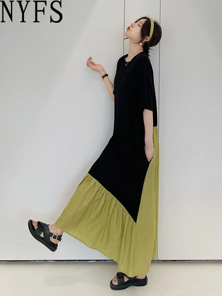 

NYFS 2024 Summer New Korea Woman Dress Vestidos Robe Elbise Loose Plus Size Short Sleeve Patchwork Green Hem Long Dresses