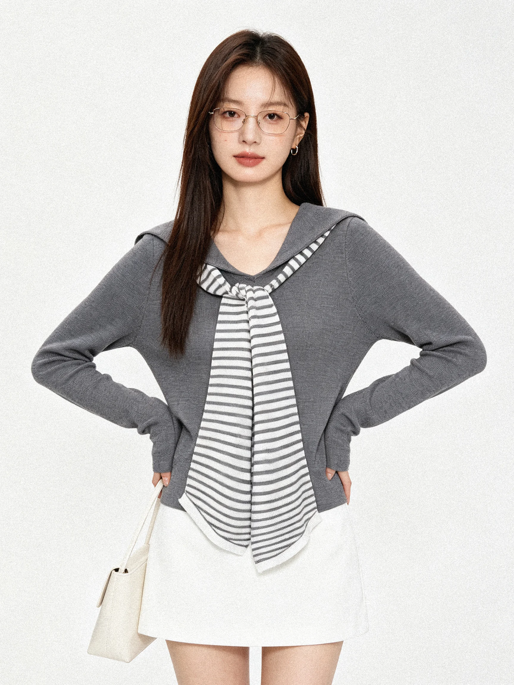 Stylish Korean Navy Collar Striped Color Block Knitwear Slimming Top Beautiful Autumn College Style Long Sleeve V-Neck T-Shirt
