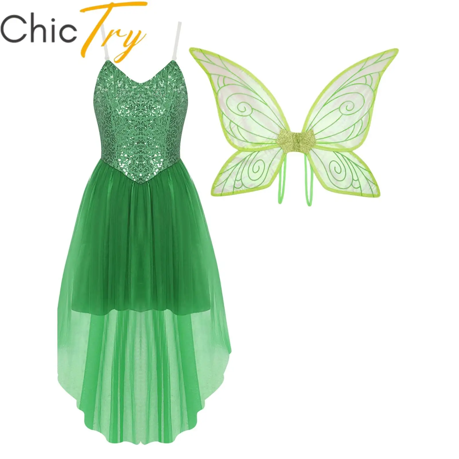 

Womens Fairy Elf Cosplay Costume Sleeveless Sequins Dress with Butterfly Wing Carnival Forest Tinker Roleplay Party Dress Up