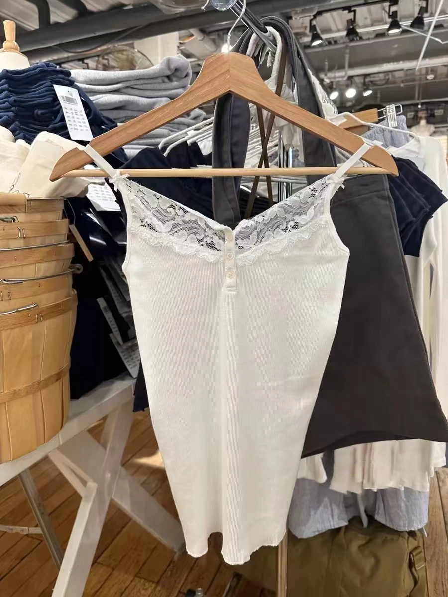 Camisetas sin mangas acanaladas con botones de encaje blanco para mujer, camisola recortada de algodón sin mangas con cuello en V, Top corto ajustado informal con lazo liso Y2k