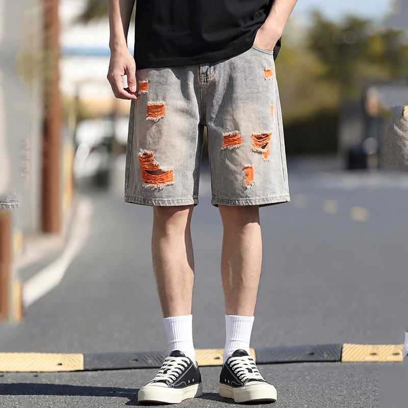 Pantalones Cortos de Mezclilla Holgados para Hombre, con Forro Colorido, Rotos y Desgastados, con Parches Deshilachados en Contraste, Lavado Vintage, Pierna Ancha, Estilo Bermuda
