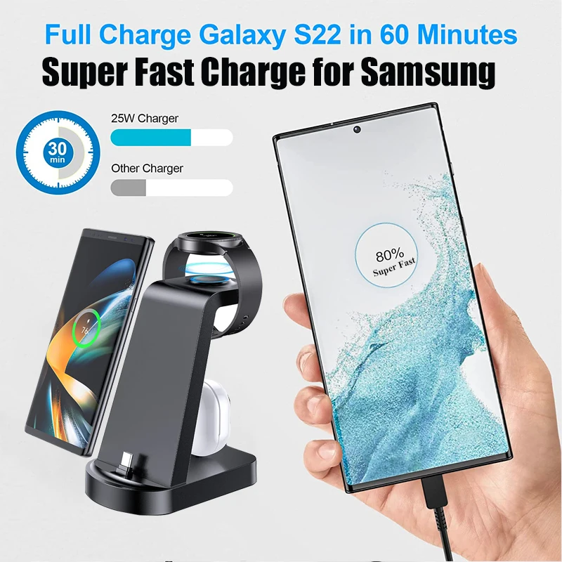 25W Super Fast Wireless Charger 3 in 1 for Samsung S24 S23 Ultra S22 S21 S20 Galaxy 5 4 3 Active Watch Earbuds Charging Station