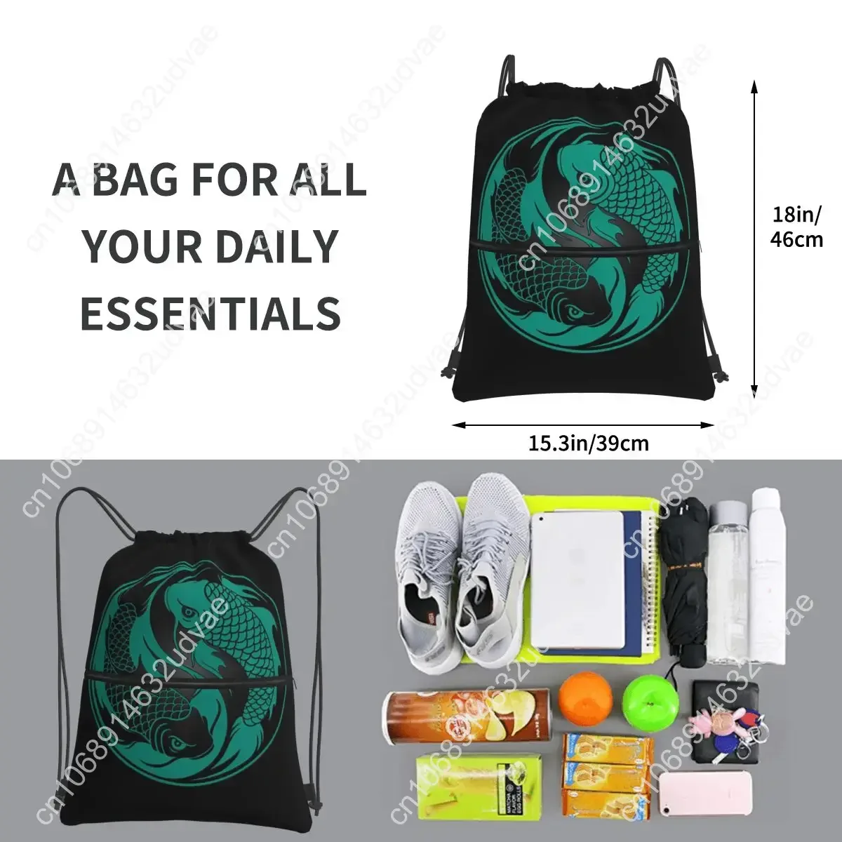 Teal Blue And Black Yin Yang Koi Fish Backpacks Drawstring Bag Drawstring Bundle Pocket Shoes Bags For Travel Sport Man Woman
