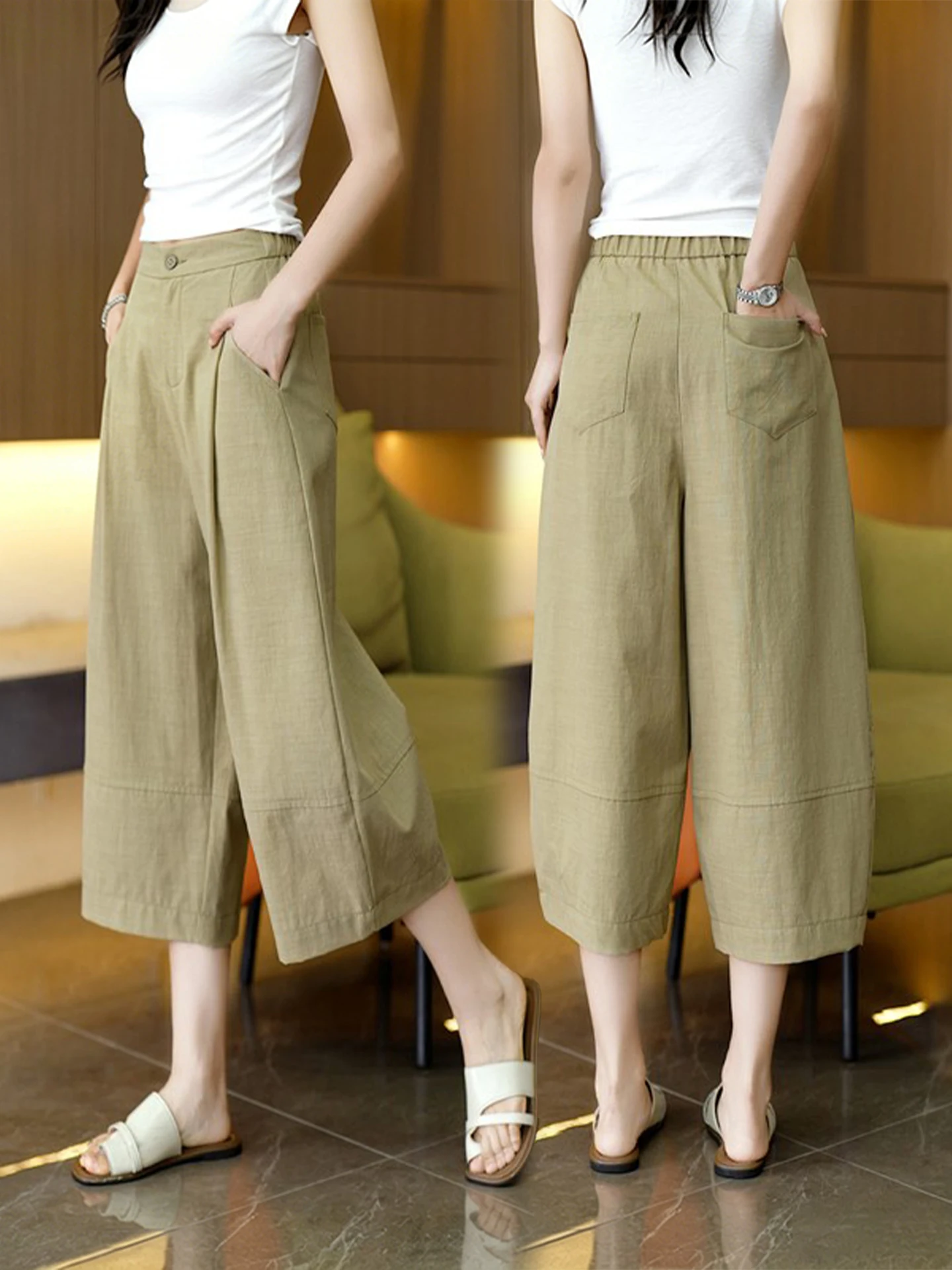 High Waist Loose Casual Wide Leg Knife Pants Women's Summer Thin New Style  Linen Eight Ball Pants Breathable Comfortable