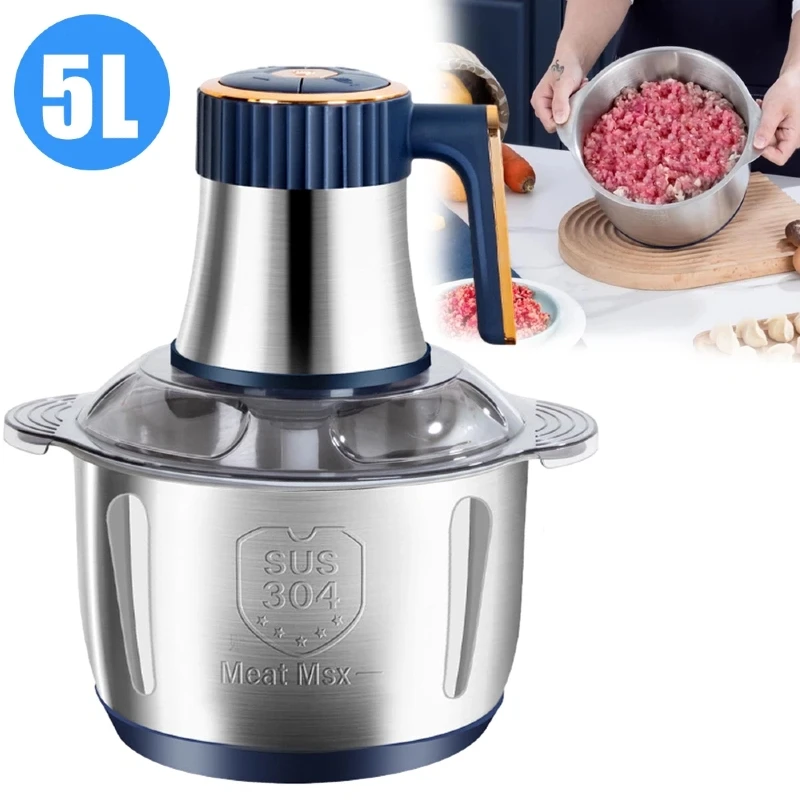 Picadora de Carne Eléctrica de 5L, Trituradora de Alimentos de Acero Inoxidable, Procesador Multifuncional de Verduras, Picadora, Licuadora de Cocina