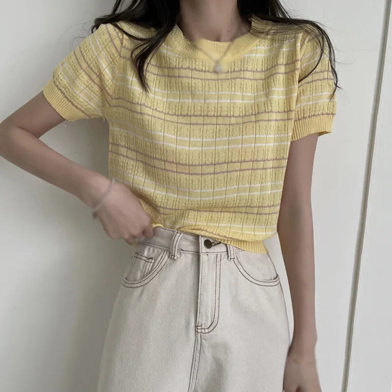 Summer Striped Women's Knitted Crop Top Casual Elegant Korean Version O-Neck Short-Sleeves T-Shirt Basic Preppy Style Tees