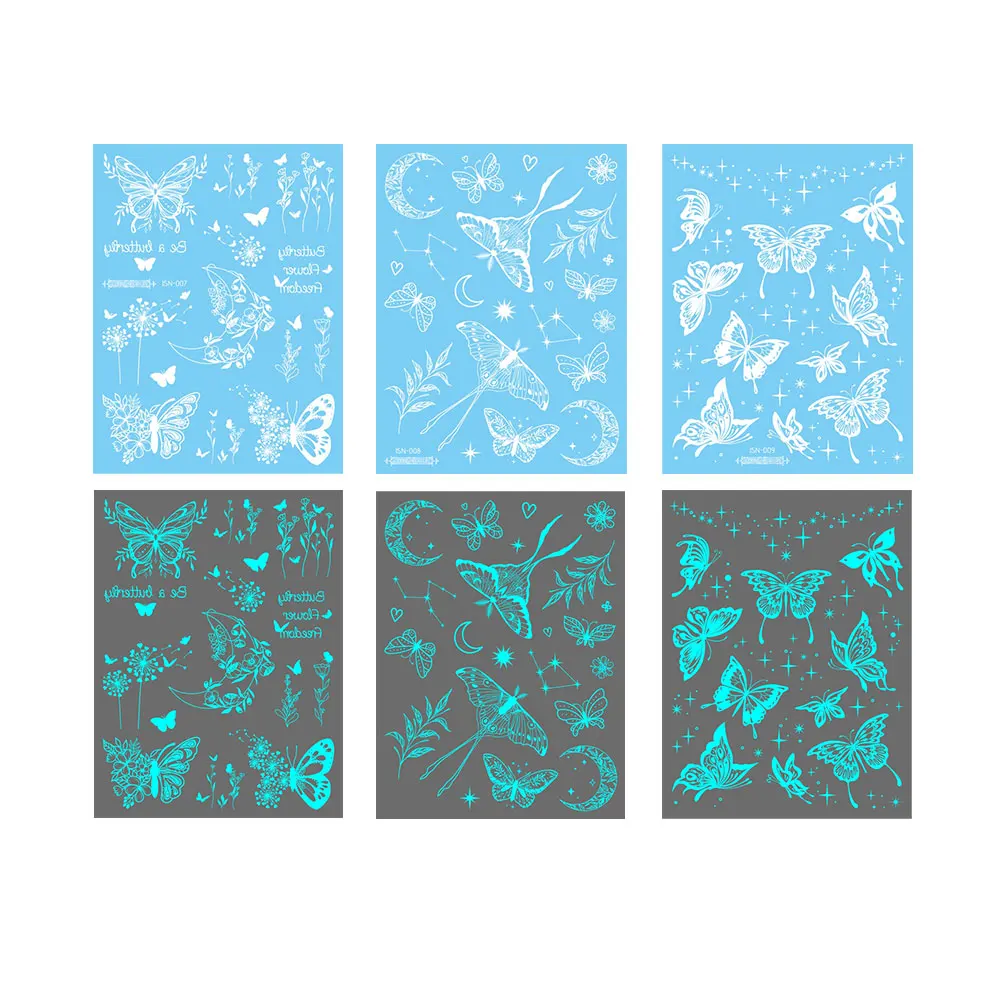 여성을위한 1pc 파란색 빛나는 가짜 문신, 손 손가락을위한 나비 문신 스티커 손목 어둠 속에서 빛나는 임시 문신